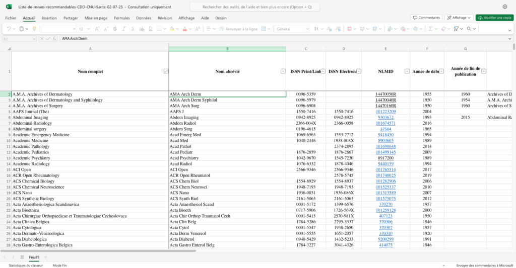 copie d'écran du tableur Excel